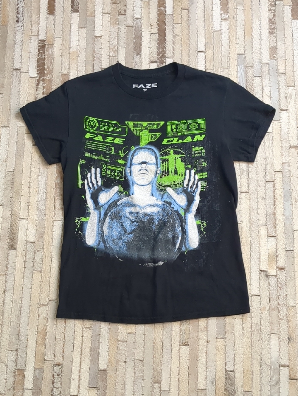 FaZe Clan Global Tech Y2K AI Graphic Black Neon Green T-Shirt
